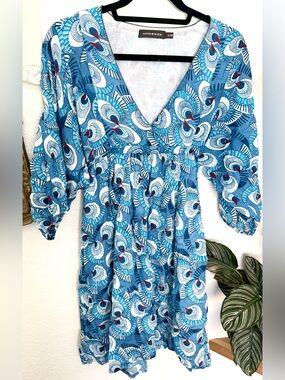 Antik Batik Eclypse Mini Dress Babydoll Blockprint Boho Hippie Cotton Blue Sz S